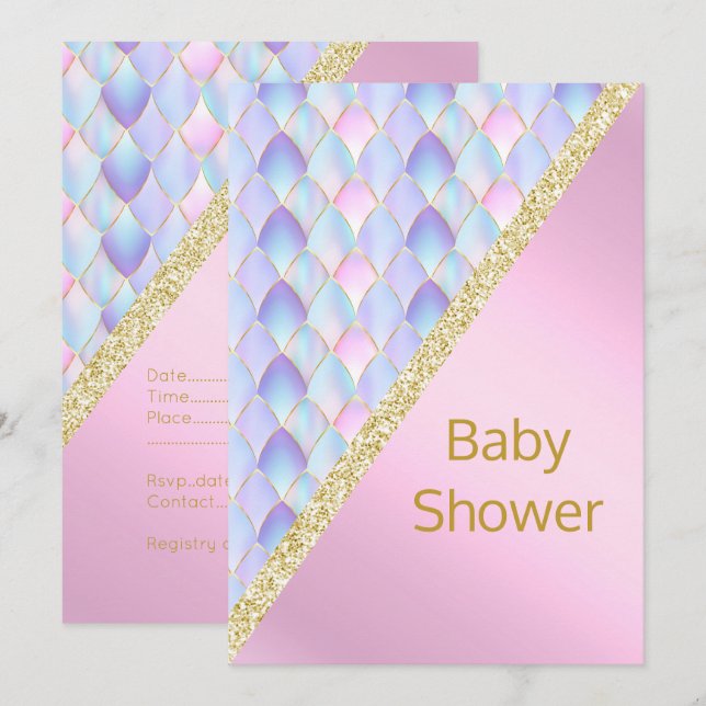 Invitación BONITO PINK Mermaid BABY SHOWER INVITATION Gold (Anverso / Reverso)