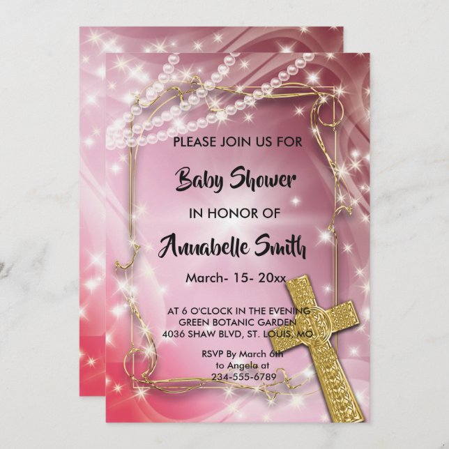Invitación Bonito Pink Pearl Cross Baby Shower (Anverso / Reverso)