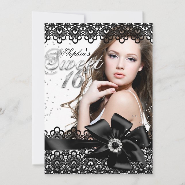 Invitación Bonito Plata Lace Negro Foto Dulce 16 Invite (Anverso)