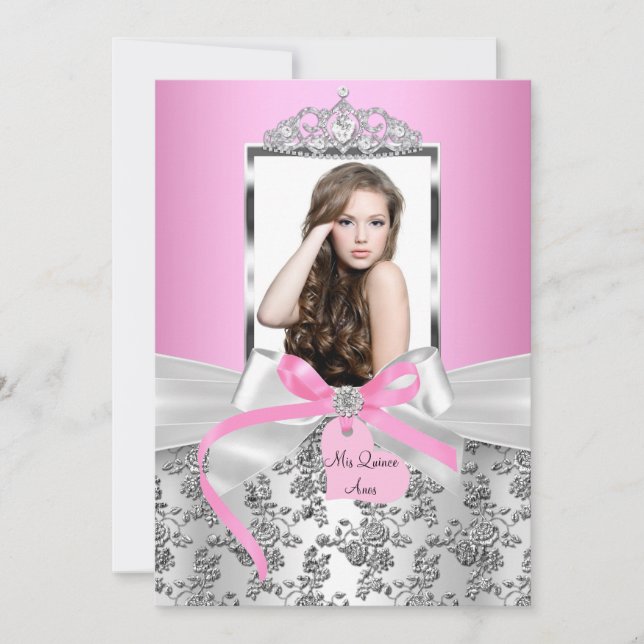 Invitación Bonito Plata Rosa Bow y Foto Rosa Quinceanera (Anverso)