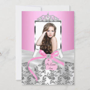 Invitación Bonito Plata Rosa Bow y Foto Rosa Quinceanera