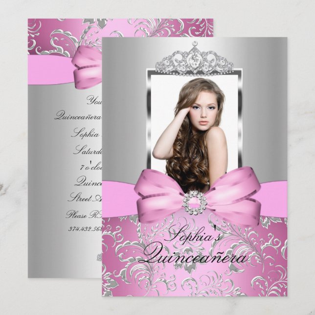 Invitación Bonito Plata Rosa Bow y Tiara Quinceanera (Anverso / Reverso)