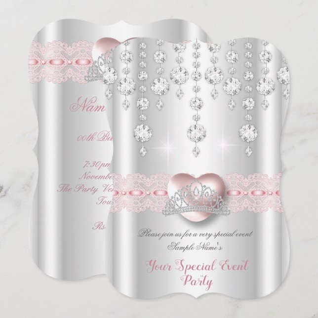 Invitación Bonito Plata Rosa Diamante Tiara Cualquier Fiesta (Anverso / Reverso)