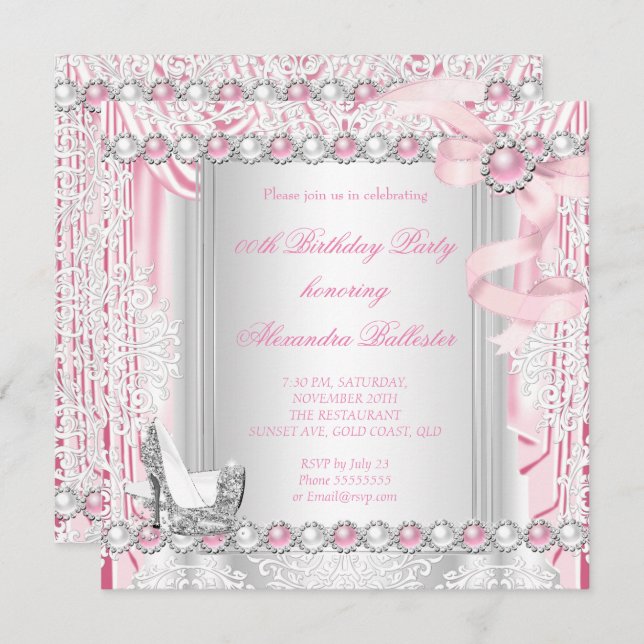 Invitación Bonito Plata Rosa High Heels Pearl Bow Cumpleaños (Anverso / Reverso)