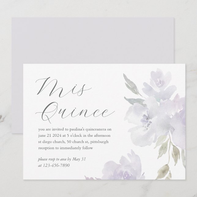 Invitación Bonito Plum Floral 15 años Cumpleaños Quinceañera (Anverso / Reverso)