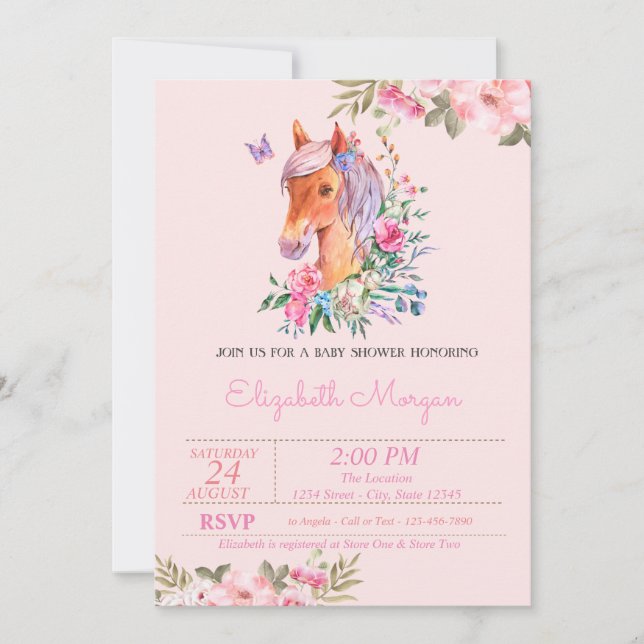 Invitación Bonito Pony Floral Baby Shower (Anverso)