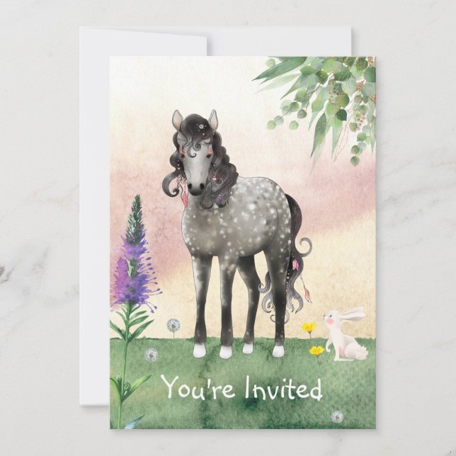 Invitación Bonito pradera de caballos con flores de primavera (Anverso)