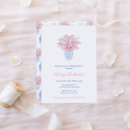 Invitación Bonito Preppy Azul Rosa Chinoiserie Ducha de boda