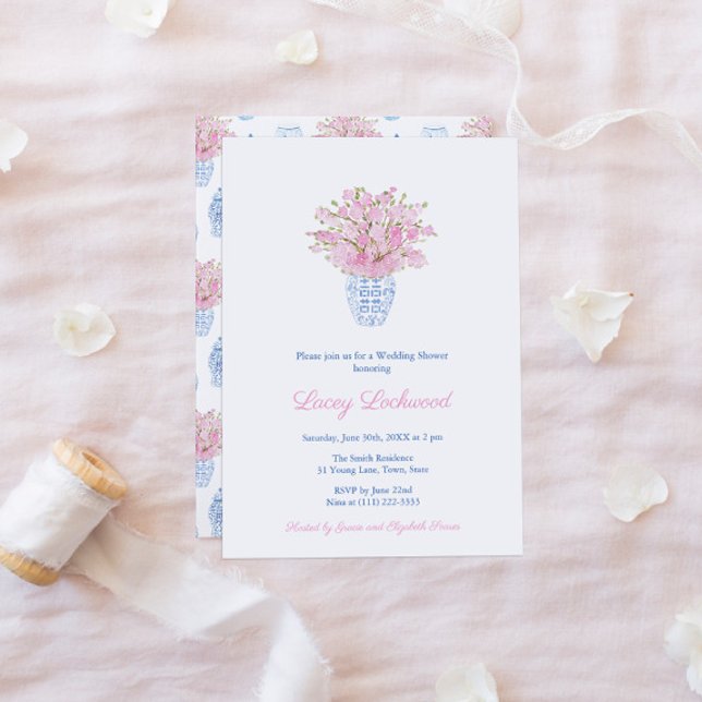 Invitación Bonito Preppy Azul Rosa Chinoiserie Ducha de boda (Pretty Pink And Blue Ginger Jar Bridal Or Wedding Shower Invitation)