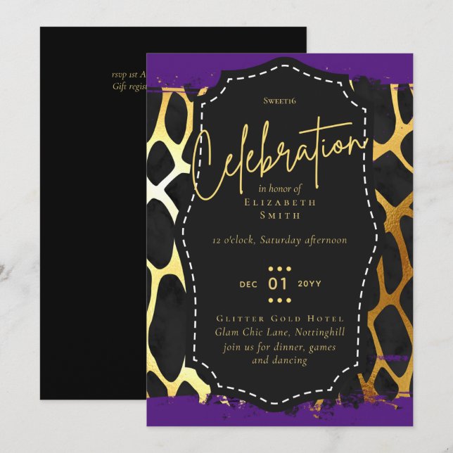 Invitación Bonito Presupuestaria Girly Sweet16 Animal de Oro  (Anverso / Reverso)