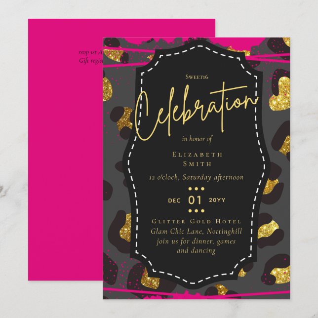 Invitación Bonito Presupuestaria Girly Sweet16 Animal de Oro  (Anverso / Reverso)