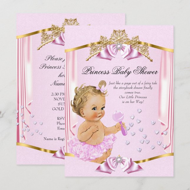 Invitación Bonito Princesa Baby Shower Rubia dorada rosa (Anverso / Reverso)