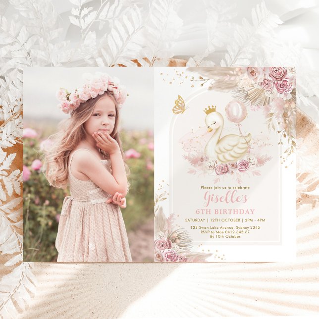 Invitación Bonito Princesa de Cisne Boho Pink Floral Cumpleañ (Subido por el creador)