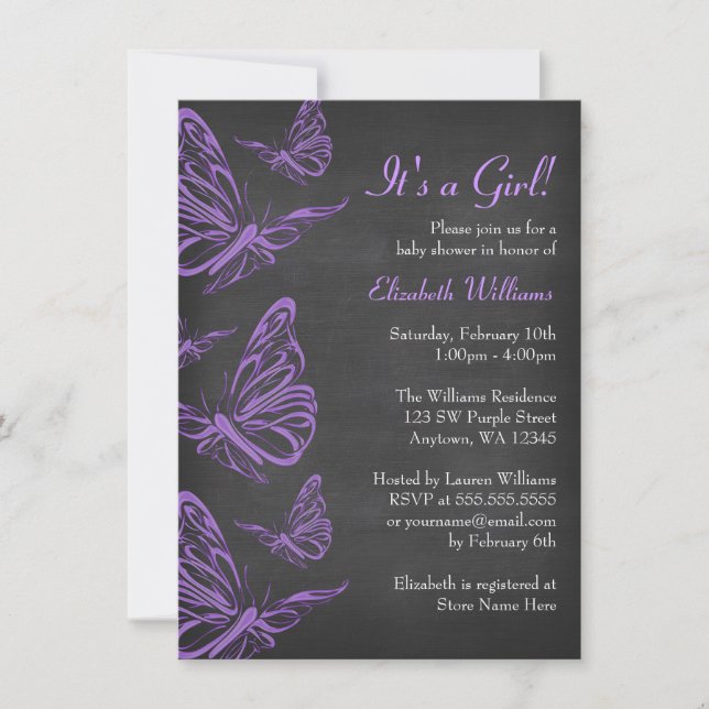 Invitación Bonito Purple Butterfly Chalkboard Baby Shower (Anverso)