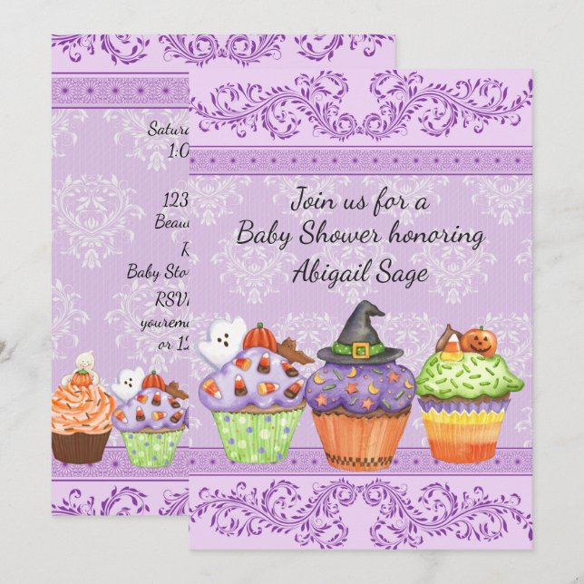 Invitación Bonito Purple Halloween Cupcakes Baby Shower (Anverso / Reverso)