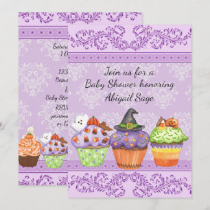 Invitación Bonito Purple Halloween Cupcakes Baby Shower