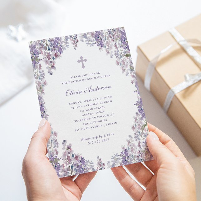 Invitación Bonito Purple Lilac | Bautismo de marco acuarela (Subido por el creador)