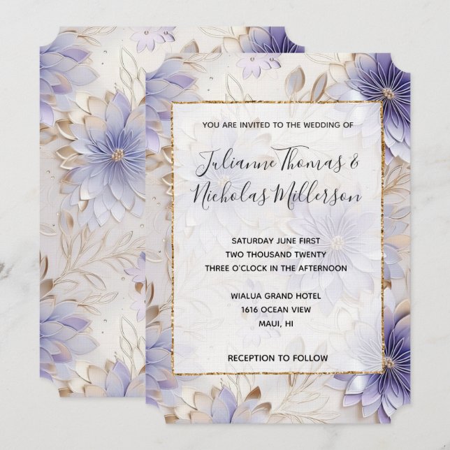 Invitación Bonito Púrpura Pearl Gold Boda Floral (Anverso / Reverso)