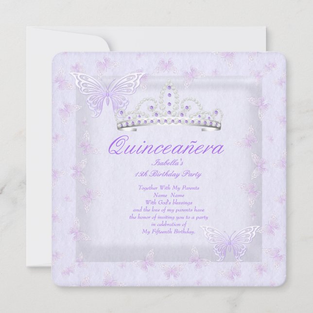 Invitación Bonito Púrpura Quinceanera Fiesta Tiara Butterflie (Anverso)