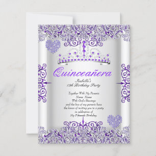 Invitación Bonito Púrpura Quinceanera Fiesta Tiara Hearts