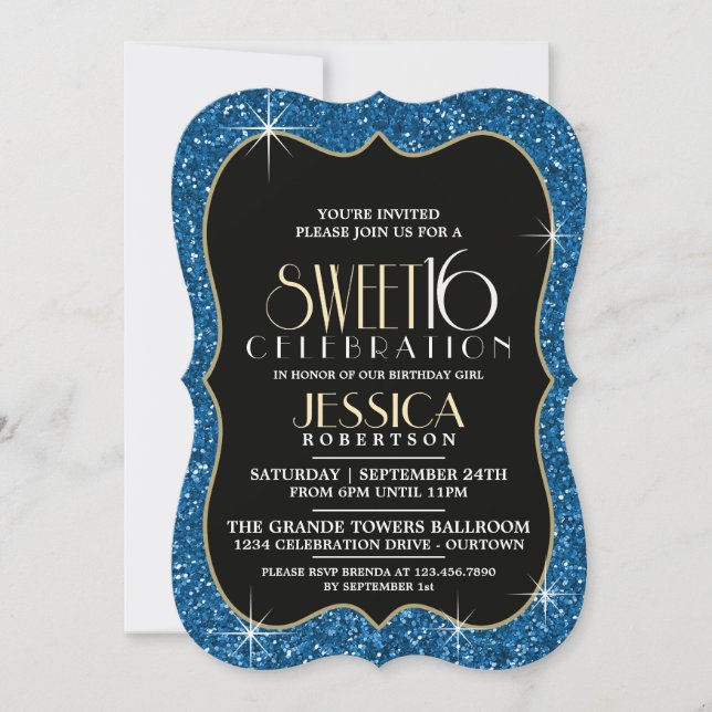 Invitación Bonito Purpurina azul dulce 16 Fiesta (Anverso)