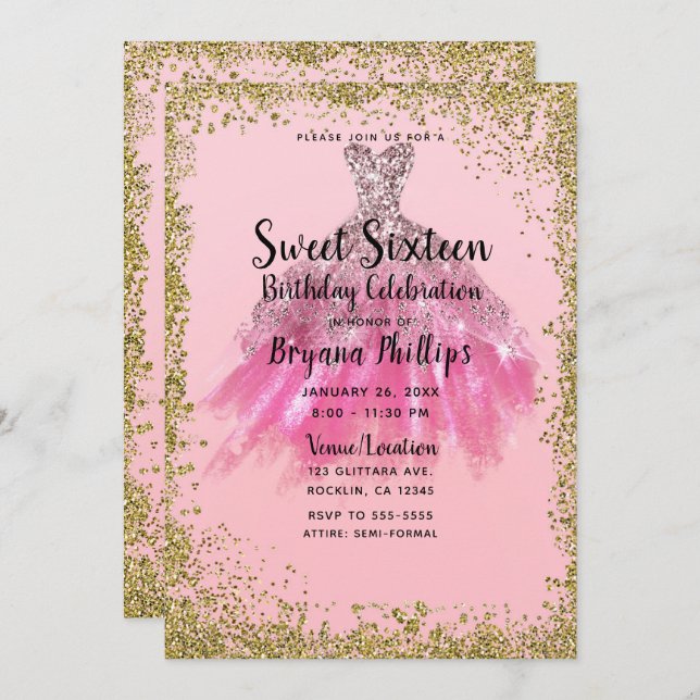 Invitación Bonito Purpurina de oro rosa Fiesta vestido dulce  (Anverso / Reverso)