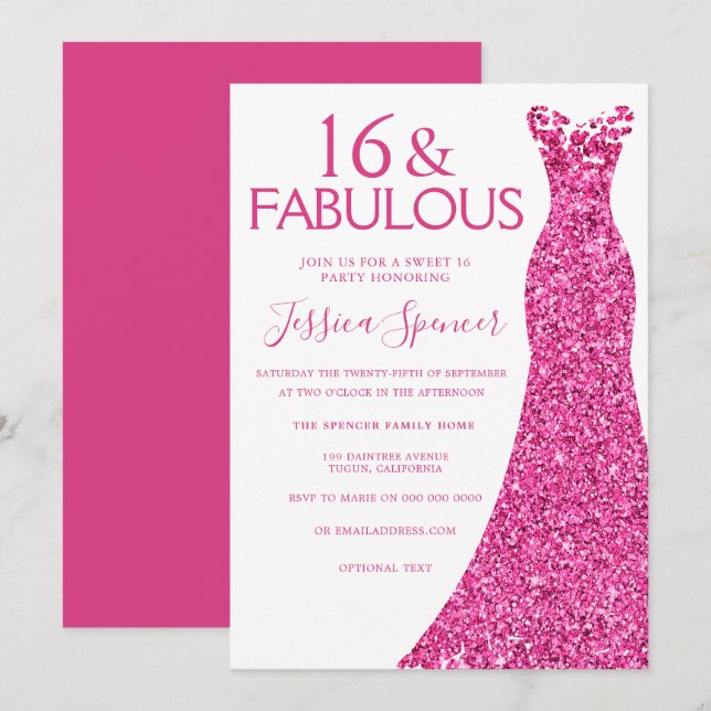Invitación Bonito Purpurina rosa Vestido dulce 16 Fiesta (Anverso / Reverso)