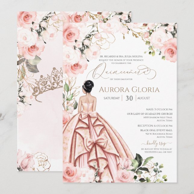 Invitación Bonito Quinceanera en un hermoso Rubor rosa 15 cum (Anverso / Reverso)