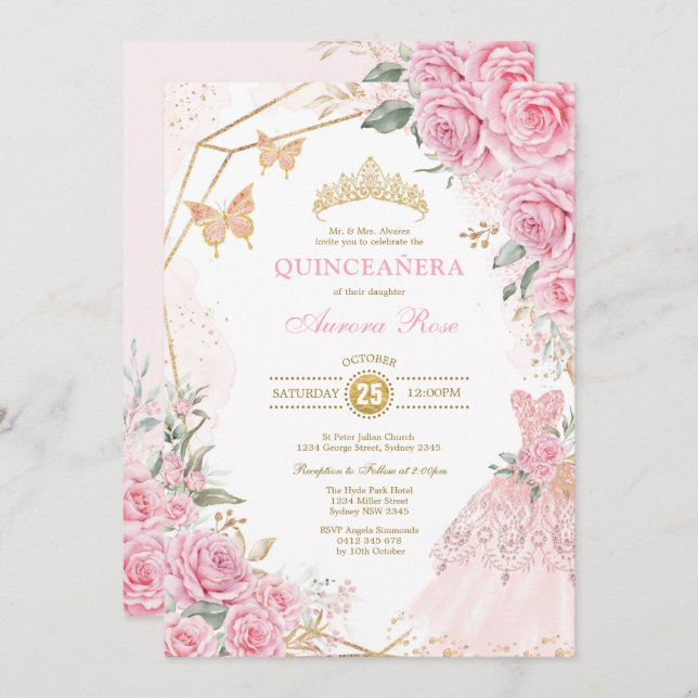 Invitación Bonito Quinceañera Rosas de oro rosado Princesa (Anverso / Reverso)