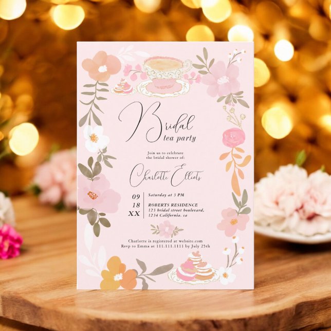 Invitación Bonito romántica fiesta de té floral ducha de novi (Romantic Pretty floral tea party bridal shower Invitation on pink)