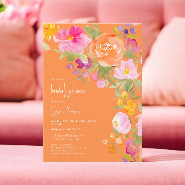 Invitación Bonito romántico naranja verano ducha de novia flo (Pretty romantic orange summer floral bridal shower invitation)