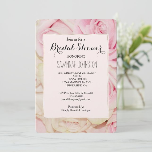 Invitación Bonito Romántico Rosas de Crema Rosa ducha de novi (Anverso de pie)
