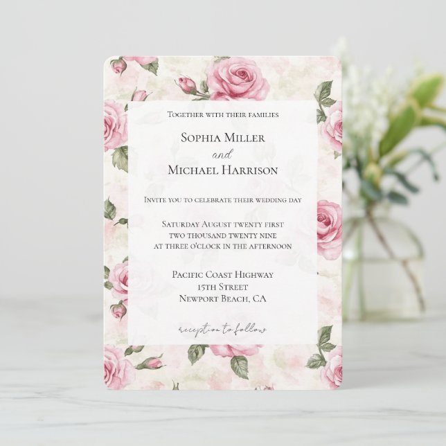 Invitación Bonito Romántico Roses Rosa Boda Floral (Anverso de pie)