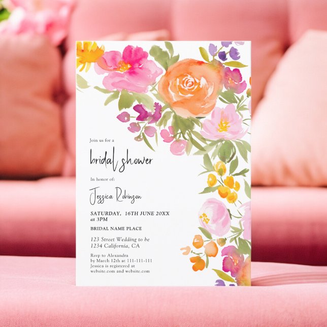 Invitación Bonito romántico verano rosa ducha de novia floral (Pretty romantic pink summer floral bridal shower invitation)