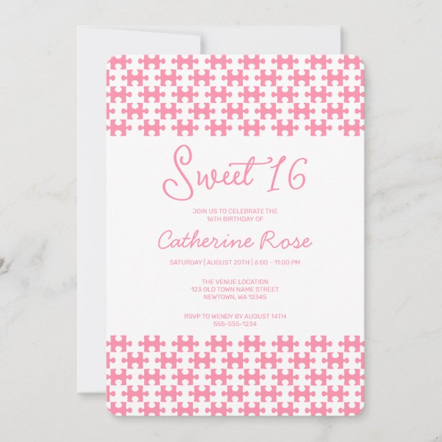 Invitación Bonito Rompecabezas Blanco Y Rosa Confeccionado Du (Anverso)