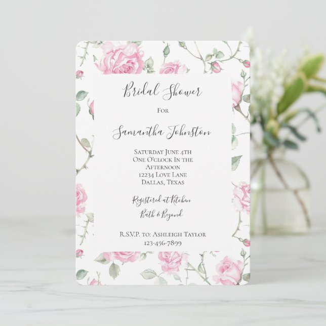 Invitación Bonito Rosa Blanca Floral Ducha de Novias (Anverso de pie)