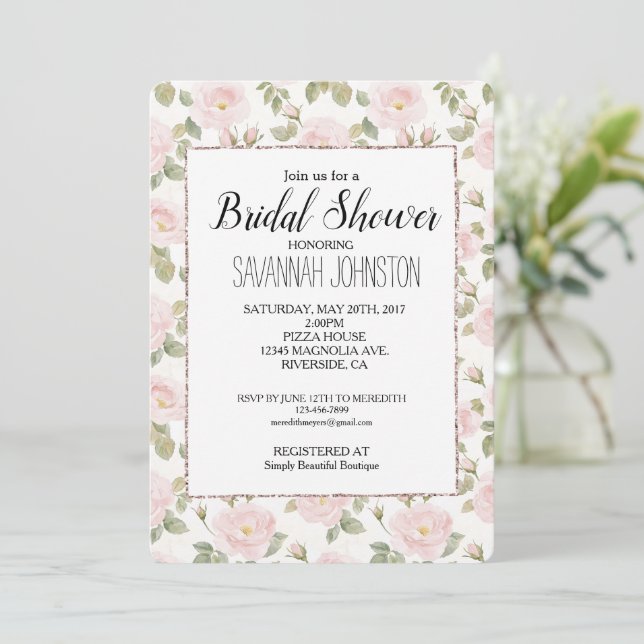 Invitación Bonito Rosa Blanca Roses Rosales Rubor Glam Bridal (Anverso de pie)
