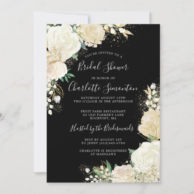 Invitación Bonito Rosa blanco negro ducha de novia floral (Anverso)