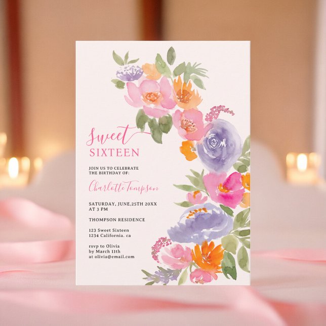 Invitación Bonito rosa boho acuarela floral dulce 16 (Pink Pretty boho floral watercolor sweet 16 Invitation)