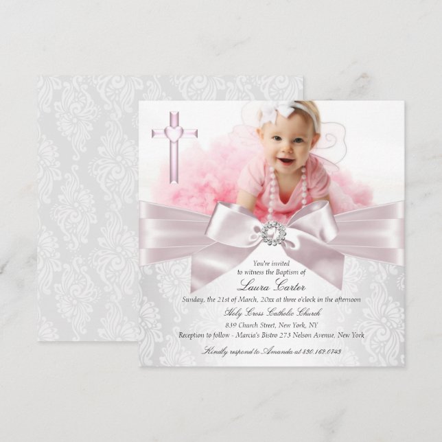 Invitación Bonito Rosa Bow Cross Photo Baptism/Christening (Anverso / Reverso)