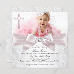 Invitación Bonito Rosa Bow Cross Photo Baptism/Christening
