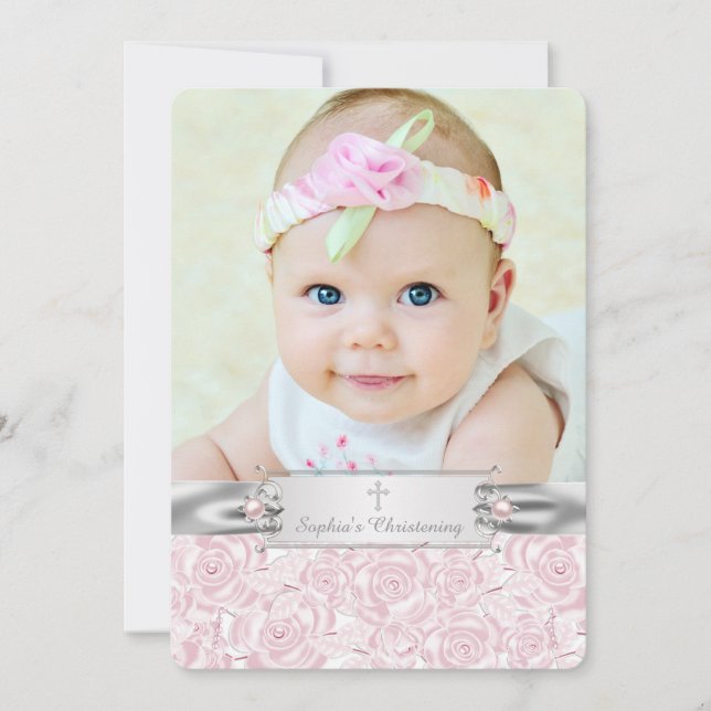 Invitación Bonito Rosa Christening (Anverso)