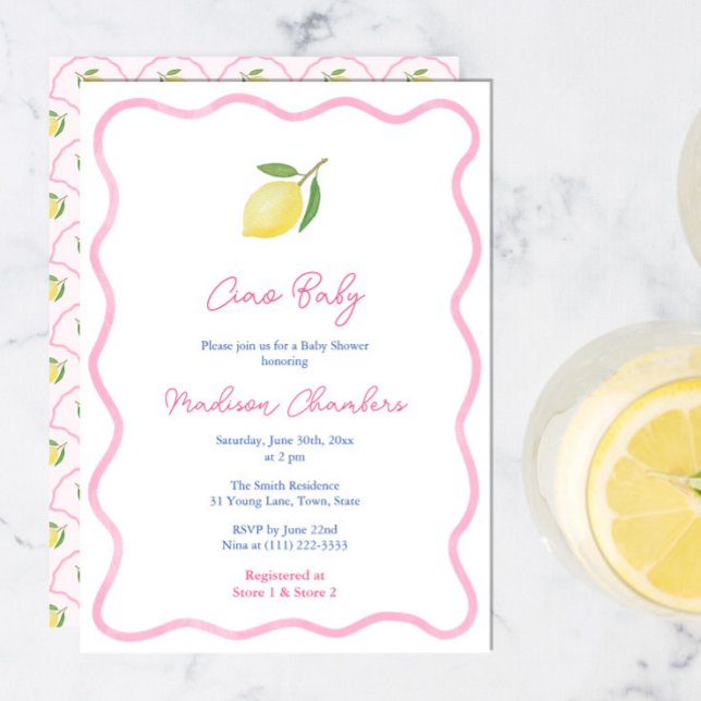 Invitación Bonito Rosa Ciao Baby Lemon Chica Baby Shower (Ciao Baby Pretty Pink Wavy border citrus lemons baby shower invite with scallop pattern reverse)