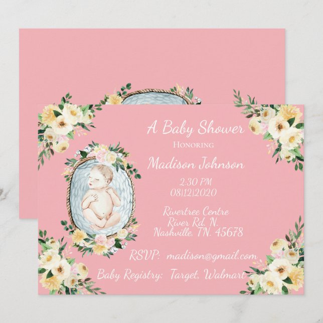 Invitación Bonito Rosa De Bebé Recién Nacida (Anverso / Reverso)