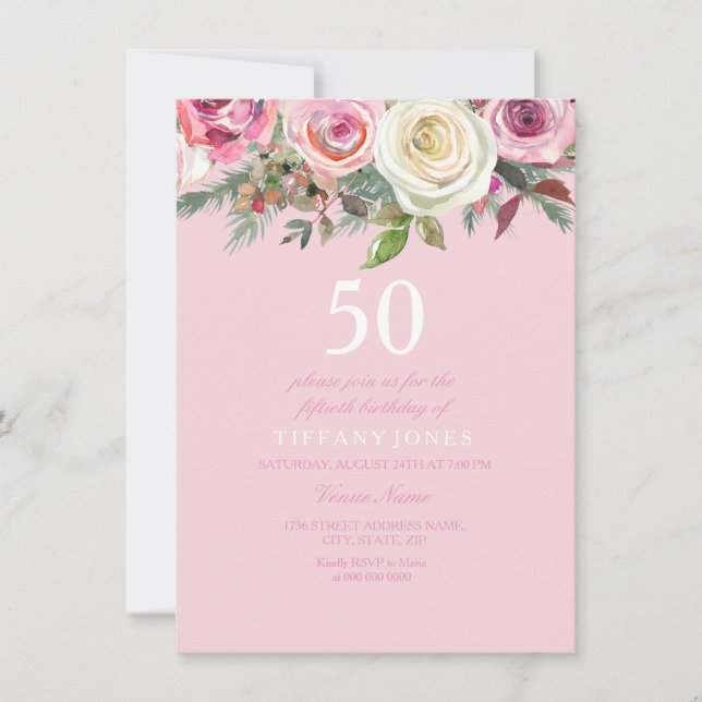 Invitación Bonito Rosa Floral 50 cumpleaños Invite (Anverso)