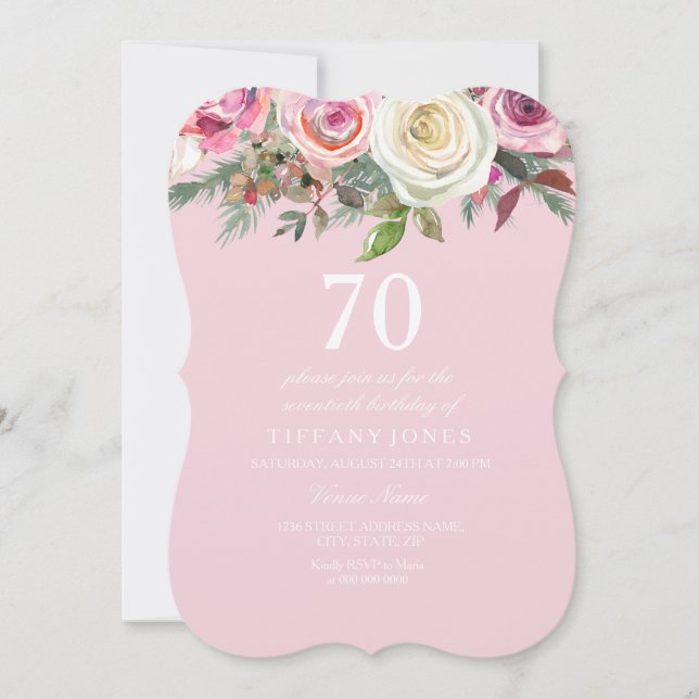 Invitación Bonito Rosa Floral 70 cumpleaños Felt Invite (Anverso)