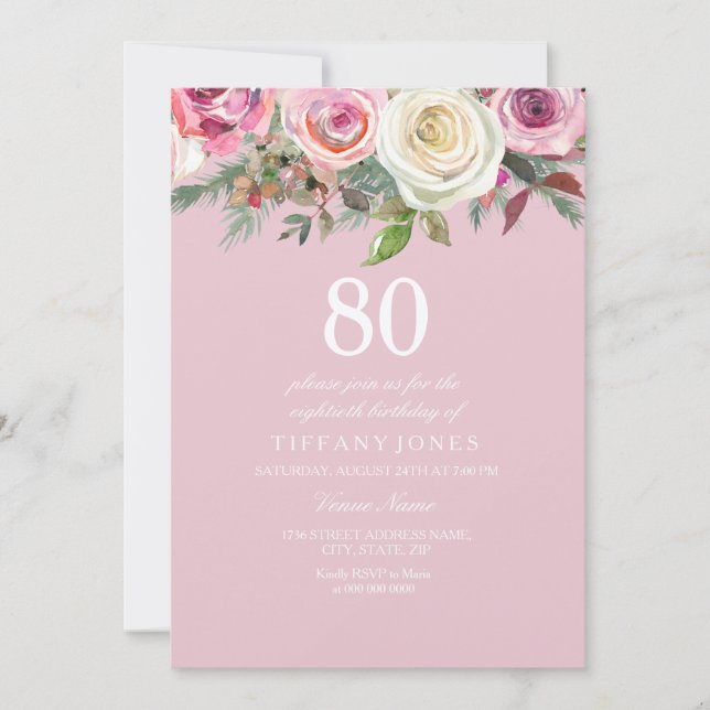 Invitación Bonito Rosa Floral 80 cumpleaños Felt Invite (Anverso)