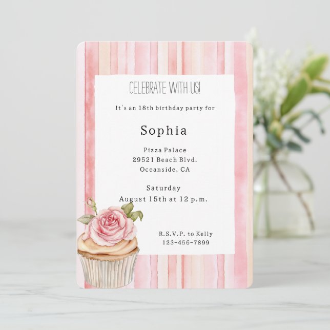 Invitación Bonito Rosa Floral Torta Cupcake Cumpleaños (Anverso de pie)