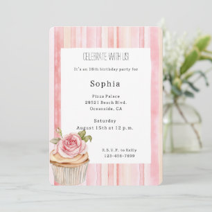 Invitación Bonito Rosa Floral Torta Cupcake Cumpleaños