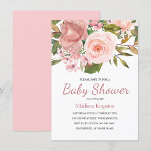 Invitación Bonito Rosa Flores Rosa Doradas Baby Shower